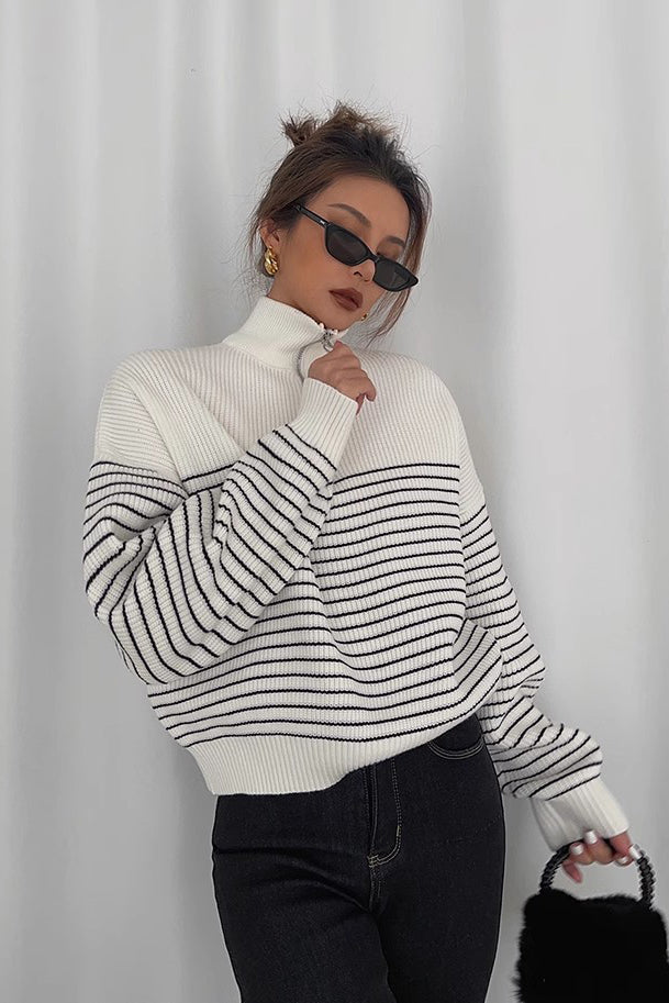 Striped Print Sweaters Zip Up Outwear Coats