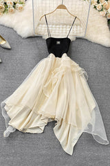 Off Shoulder Strap Zip Irregular Maxi Dress