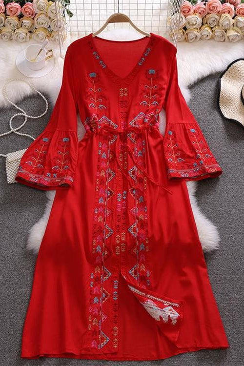 Boho Embroidery Long Sleeve V-Neck Strappy Maxi Dress