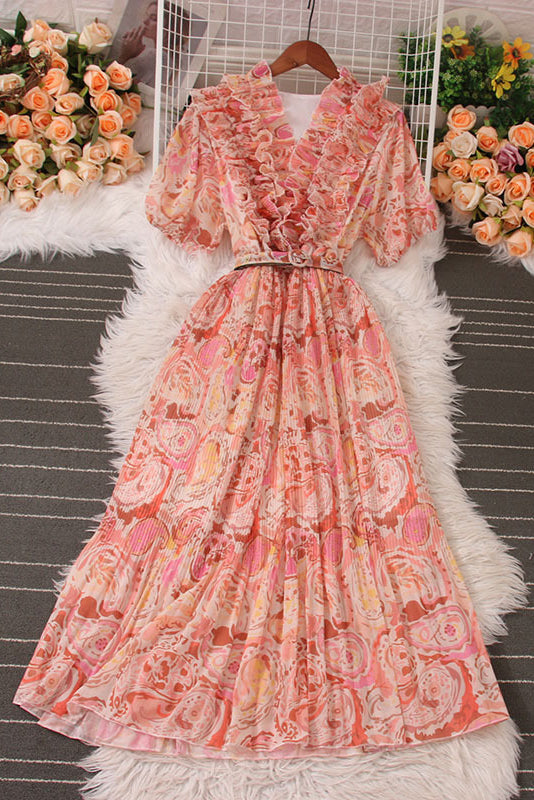 Lace V-Neck Floral Short Sleeve Maxi Dress
