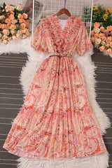 Lace V-Neck Floral Short Sleeve Maxi Dress