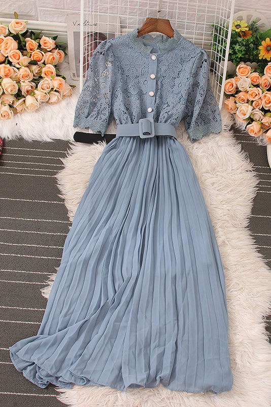 Retro Lace Hollow Short Sleeve Pleated Maxi Dress