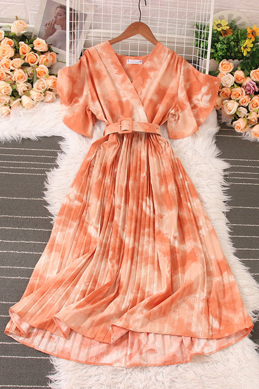 V-Neck Short Sleeve Pleated Dress