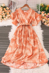 V-Neck Short Sleeve Pleated Dress