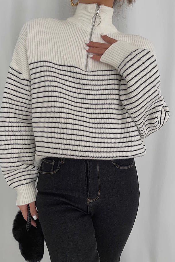 Striped Print Sweaters Zip Up Outwear Coats
