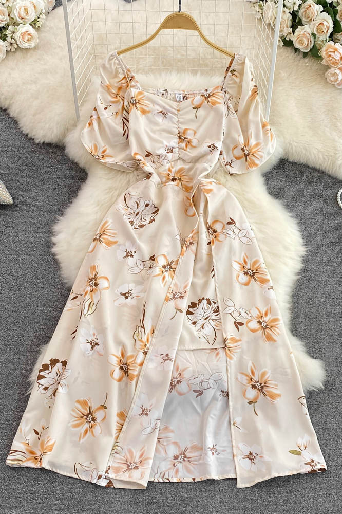 Retro Floral Square Neck Short Sleeve Backless Maxi Dress