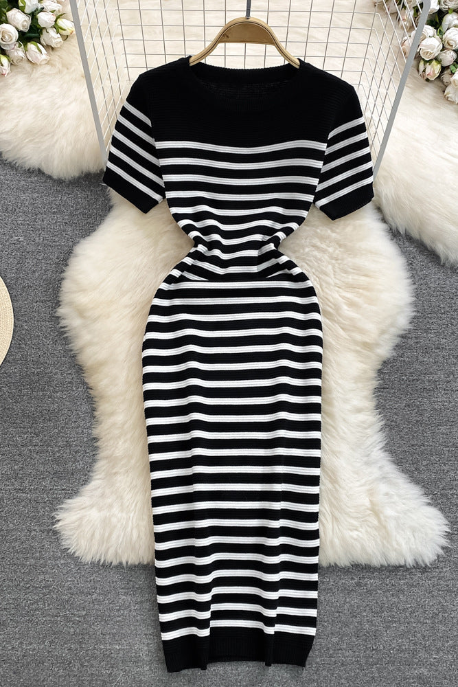 Casual Stripe Crochet Short Sleeve Maxi Dress