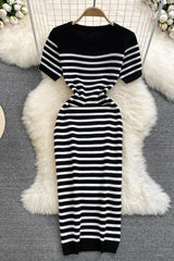 Casual Stripe Crochet Short Sleeve Maxi Dress