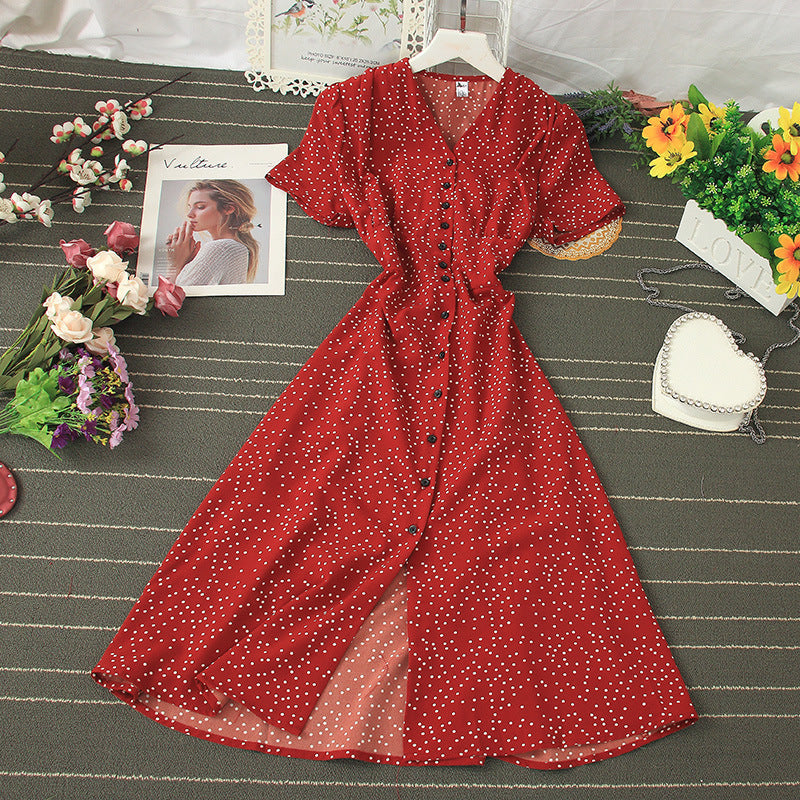 Polka Dots Short Sleeve Buttons Maxi Dress