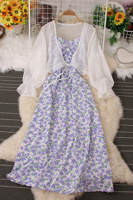 Floral Backless Strap Maxi Dress Chiffon Cardigan Top Set Two-Piece