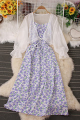 Floral Backless Strap Maxi Dress Chiffon Cardigan Top Set Two-Piece