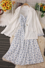 Floral Strap Maxi Dress Coat Set Two-Piece