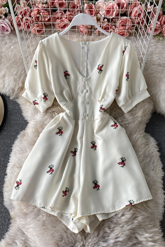 V-Neck Short Sleeve Zip Romper Jumpsuit