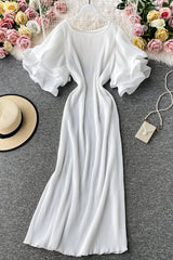 Lace Pleated Short Sleeve Maxi Dress