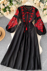 Boho Embroidery Long Sleeve Ruffle Maxi Dress