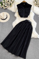 Sleeveless Zip Vest Tank Top A-Line Skirt Set Two-Piece