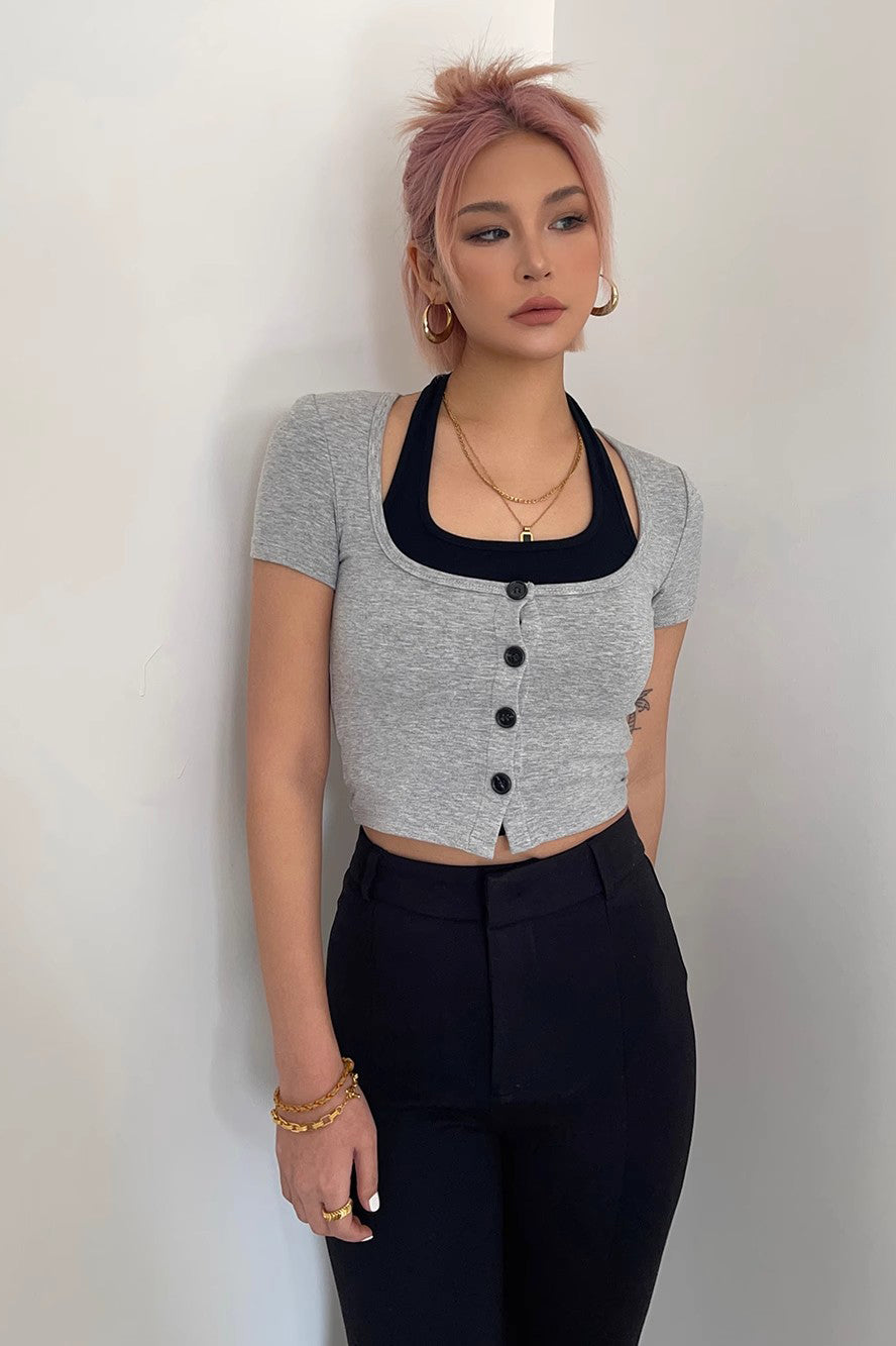Contrast Buttoned Front Fake Two Tops Shirt