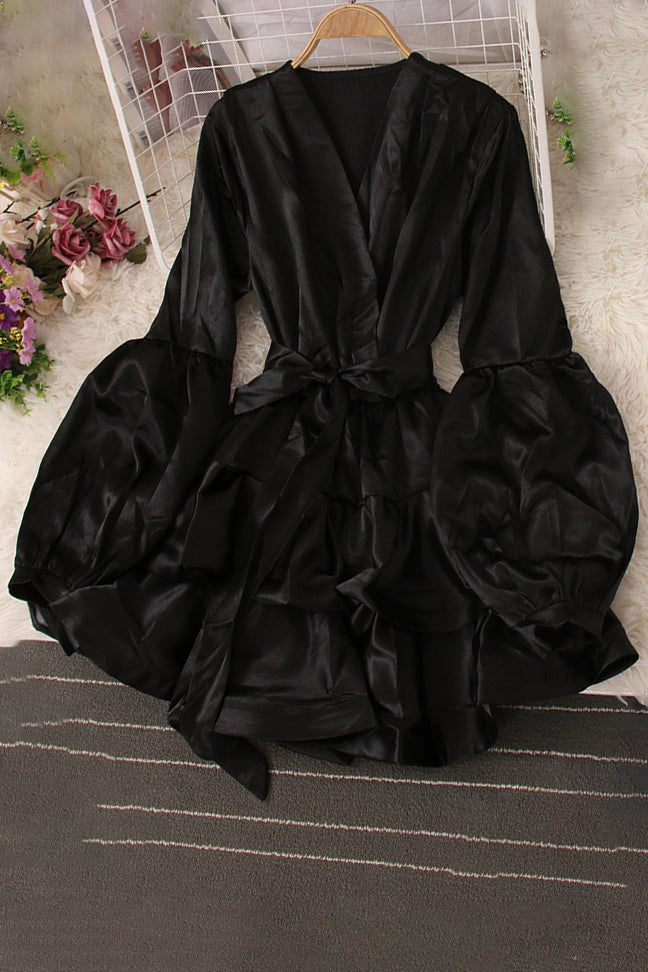 V-Neck Long Sleeve Ruffle Strappy Mini Dress
