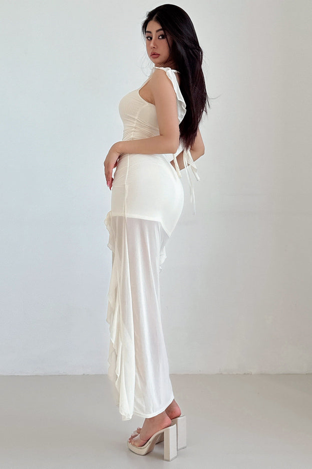 Gauze Lace Split Strap Backless Maxi Dress