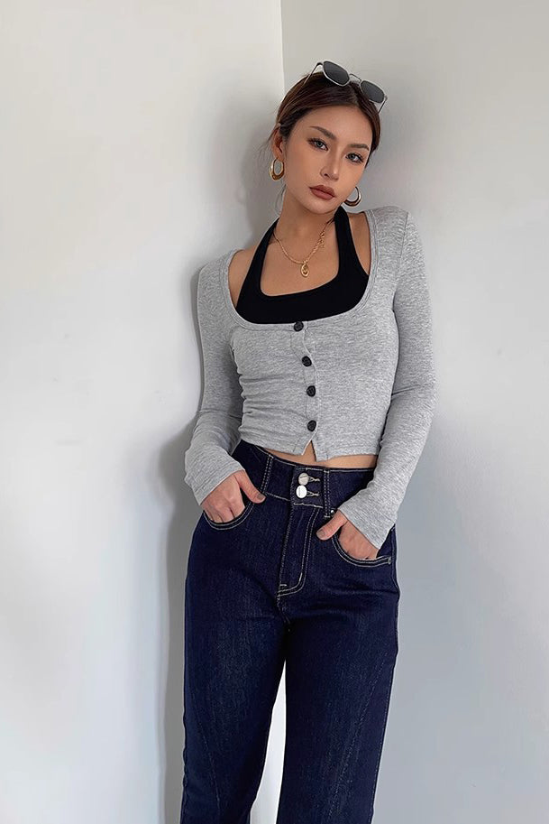 Long Sleeve Fake Two Tank Tops Fitted Basic Cami Tee Shirts