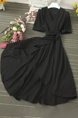 V-Neck Short Sleeve Strappy Irregular Dress