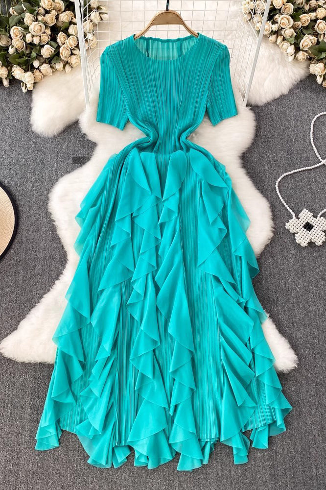 Ruffle Irregular Lace Scoop Neck Short Sleeve Maxi Dress