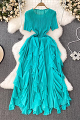 Ruffle Irregular Lace Scoop Neck Short Sleeve Maxi Dress