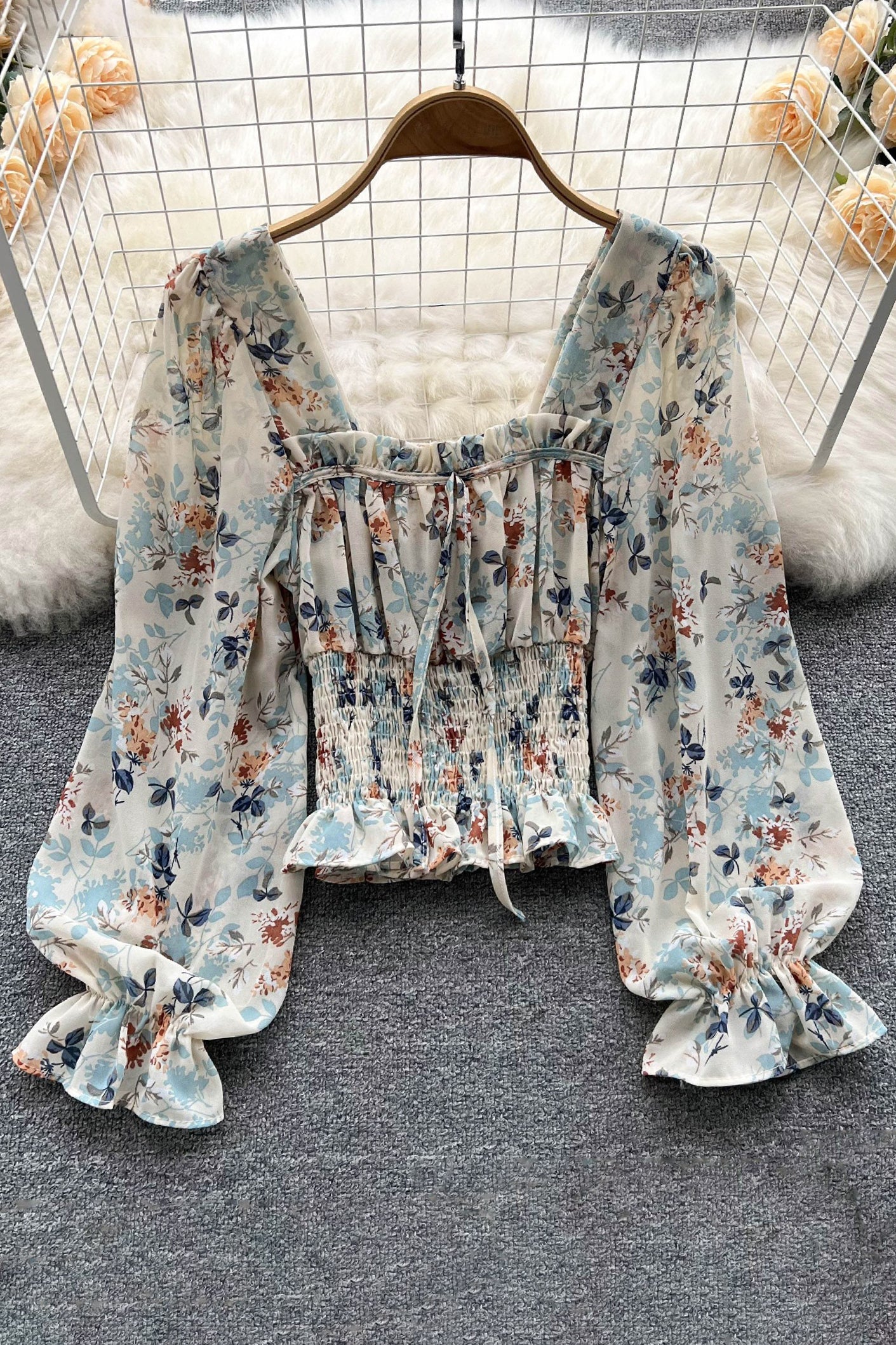 Floral Ruffle Long Sleeve Crop Top