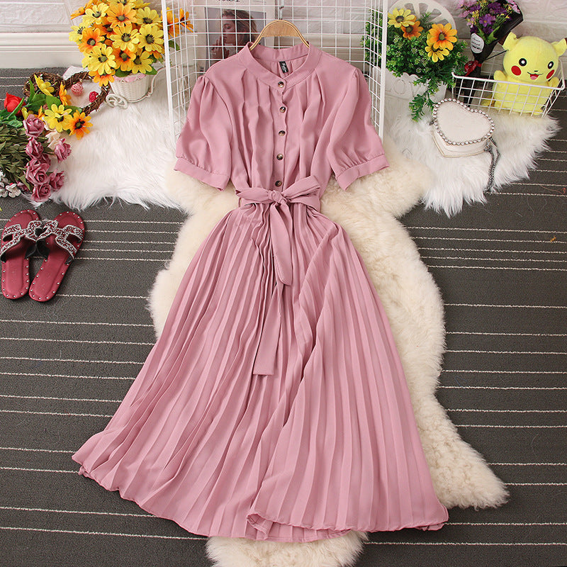 Lapel Buttons Short Sleeve Pleated Maxi Dress