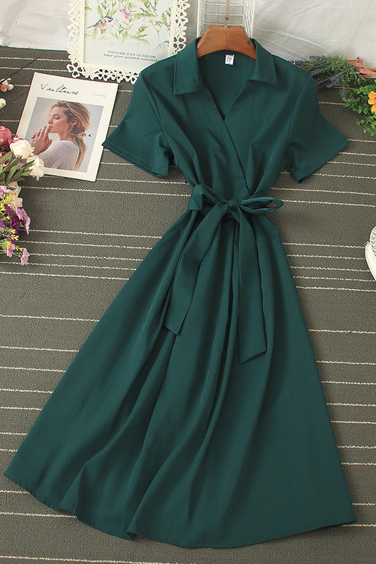 Lapel Short Sleeve Strappy Maxi Dress