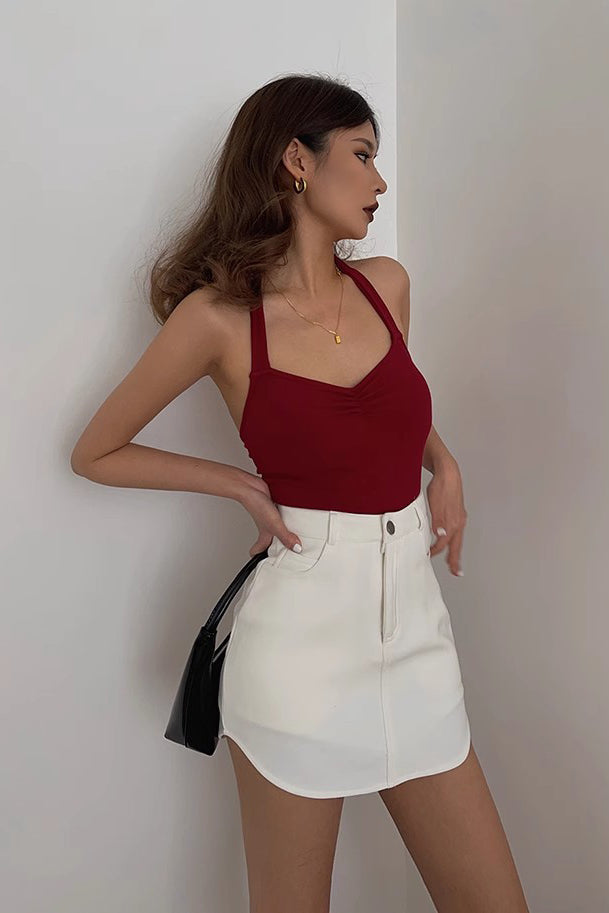 Buttoned Front Asymmetrical Hem Belted Skirt