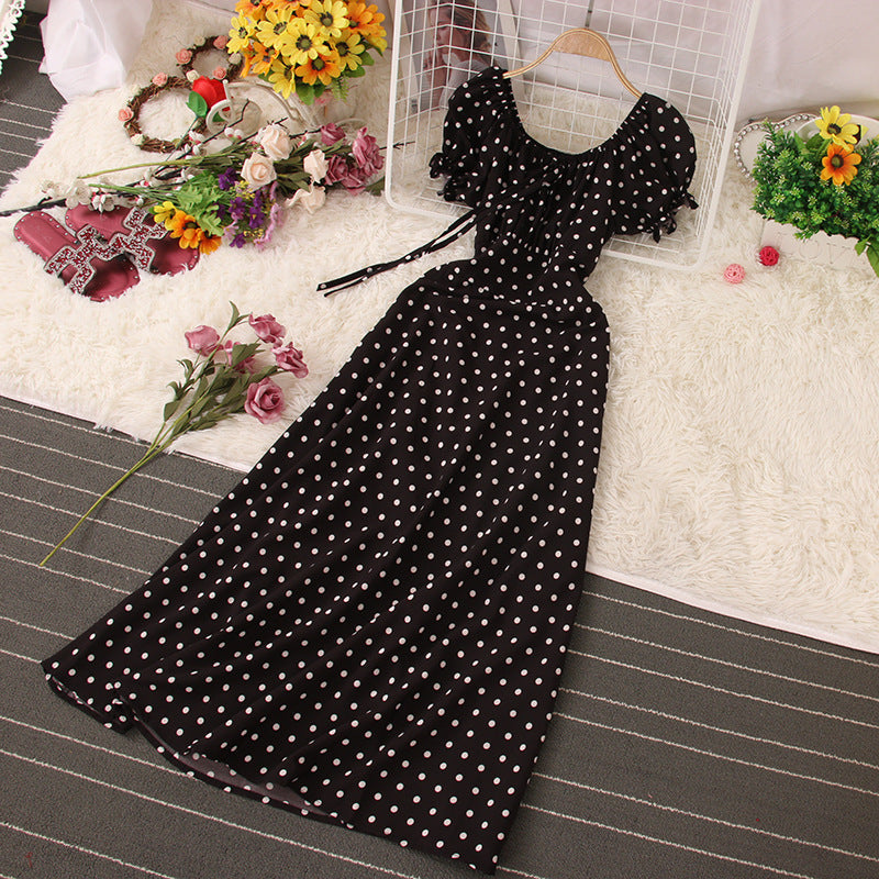 Short Sleeve Ruffle Polka Dots Maxi Dress