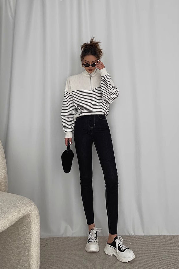Striped Print Sweaters Zip Up Outwear Coats