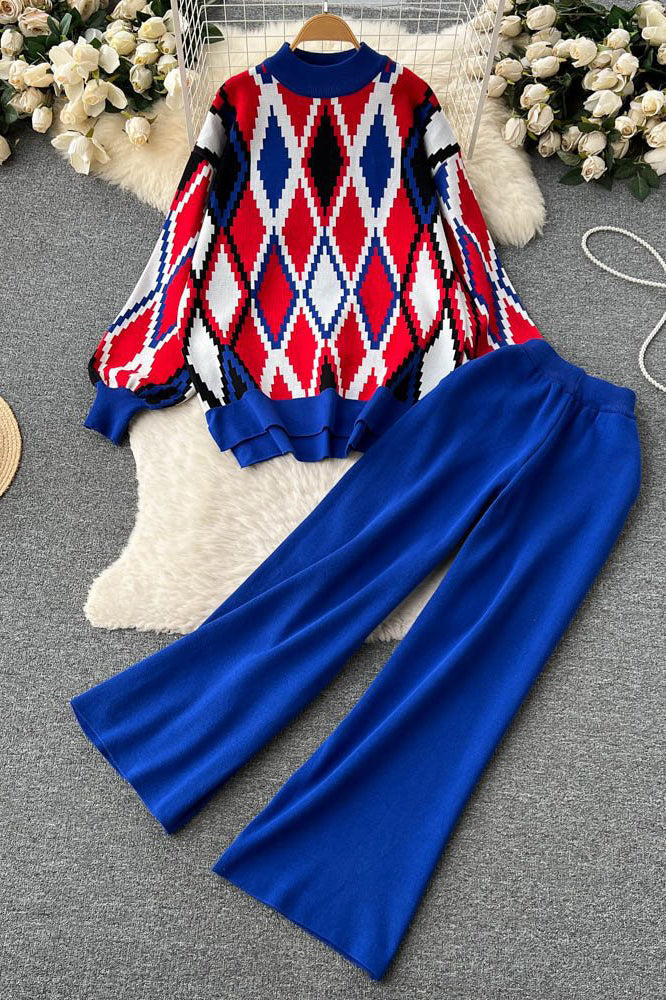 Retro Crochet Top Sweater Pullover Pants Trousers Set Two-Piece