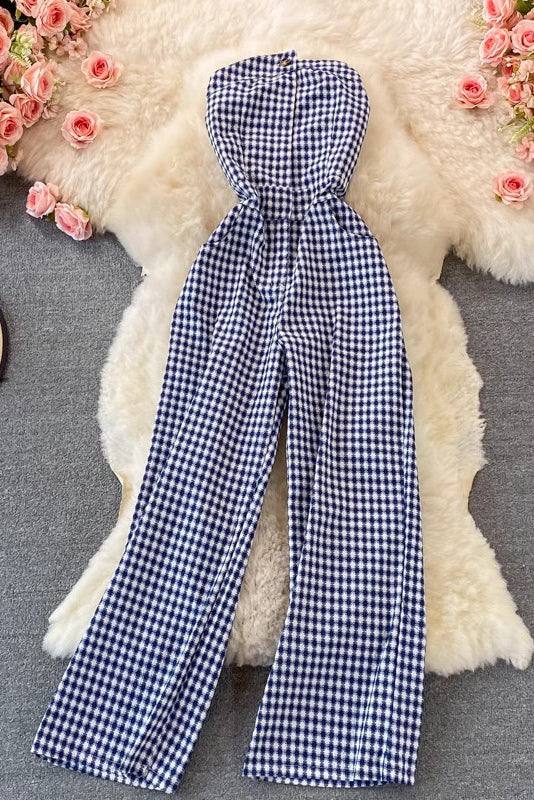 Strapless Sleeveless Plaid Romper Jumpsuit