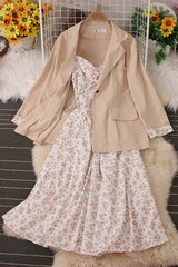 Floral Strap Maxi Dress Coat Set Two-Piece