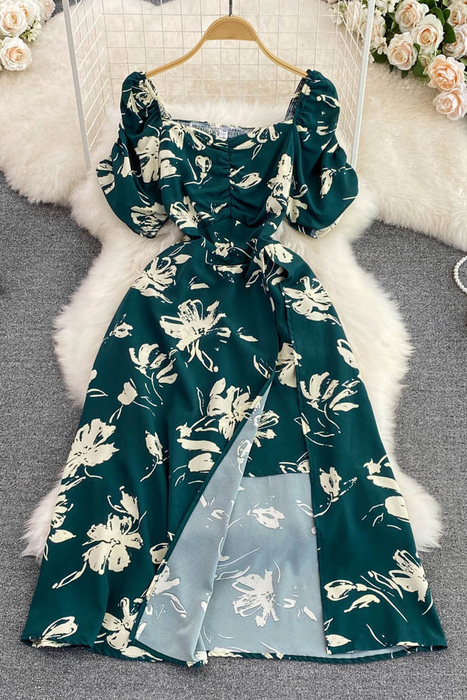 Retro Floral Square Neck Short Sleeve Backless Maxi Dress