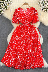 Square Collar Short Sleeve Floral Strappy Maxi Dress