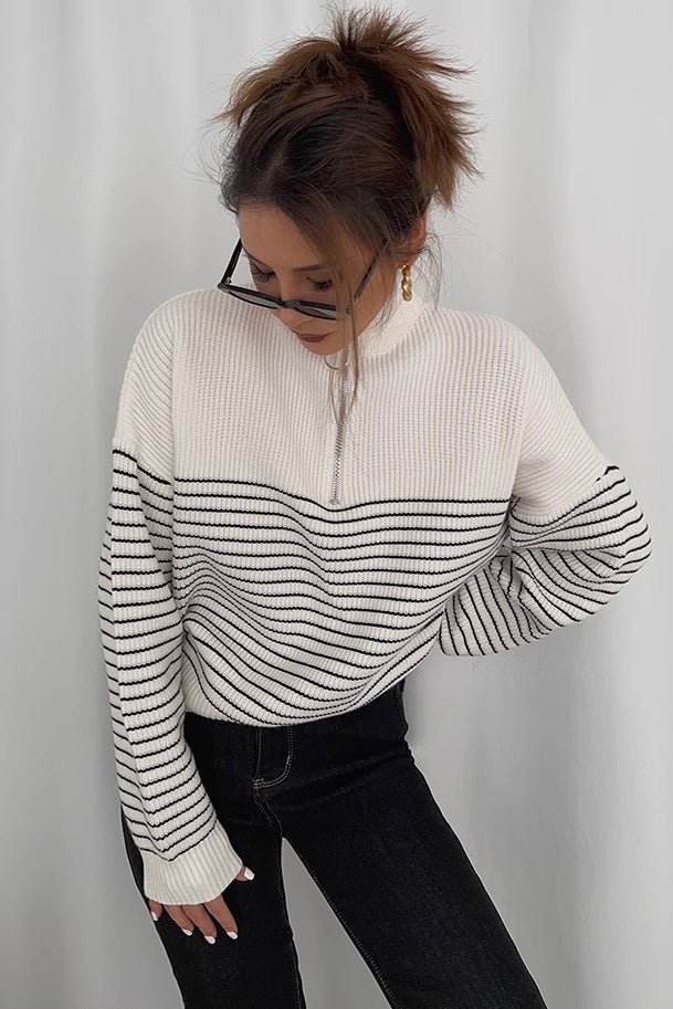 Striped Print Sweaters Zip Up Outwear Coats