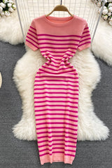 Casual Stripe Crochet Short Sleeve Maxi Dress
