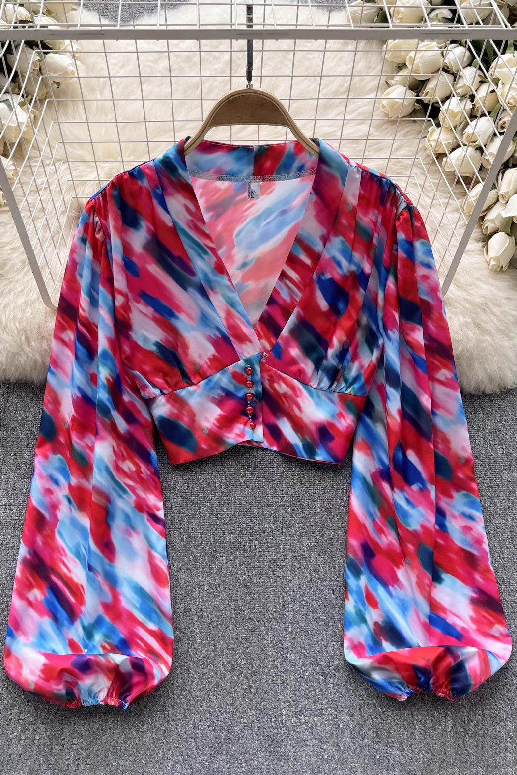 Tie Dye V-Neck Long Sleeve Crop Top