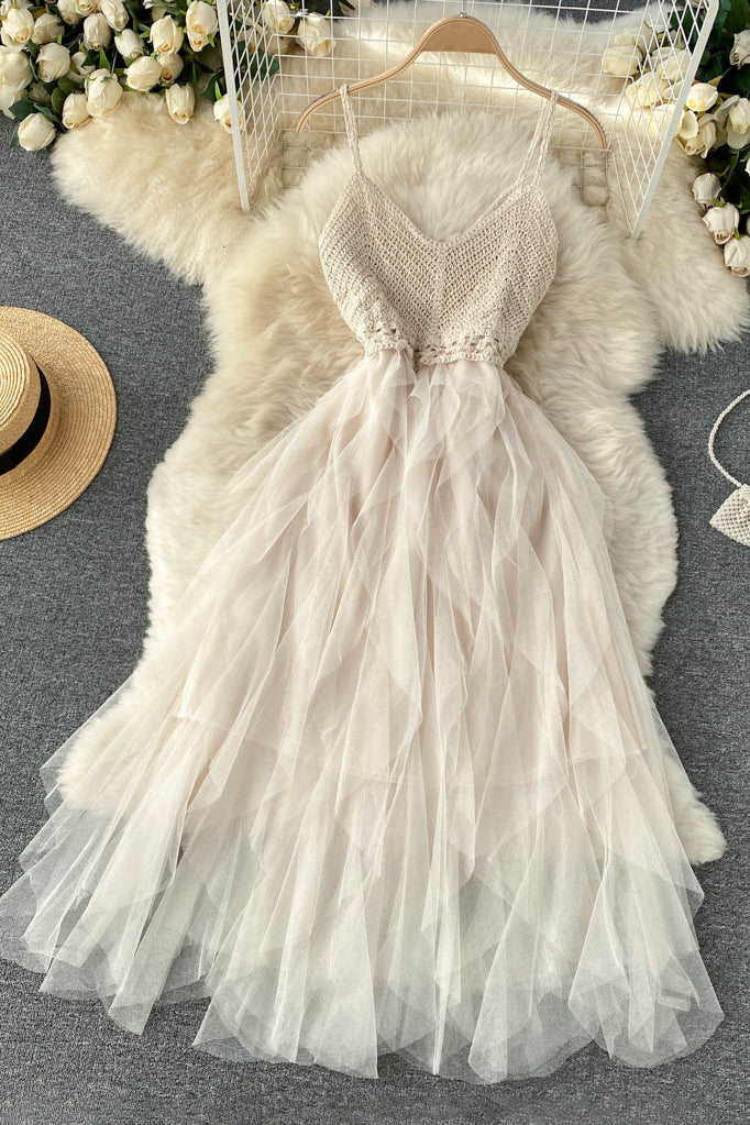 Irregular Gauze V-Neck Strap Knit Beach Maxi Dress