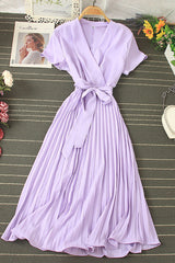 V-Neck Short Sleeve Strappy Pleated Maxi Dress
