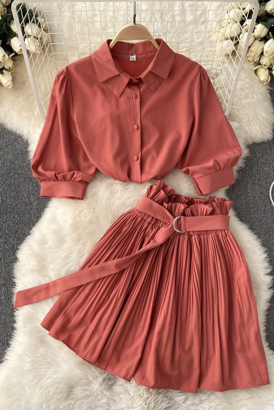 Short Sleeve Shirt Tops Pleated Skirt Set Two-Piece