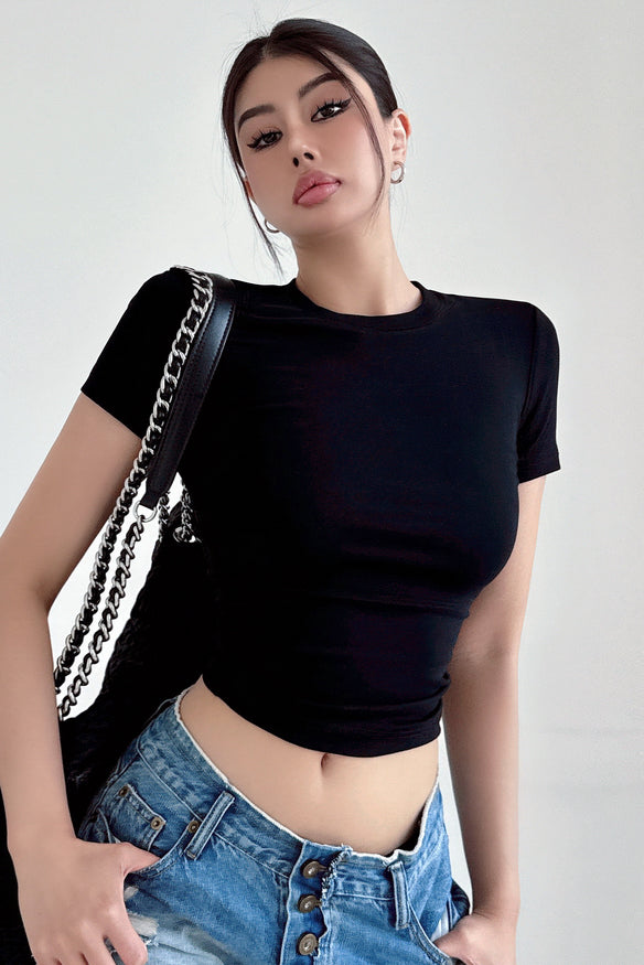 Scoop Neck Short Sleeve Tight Crop Shirt Top Tee