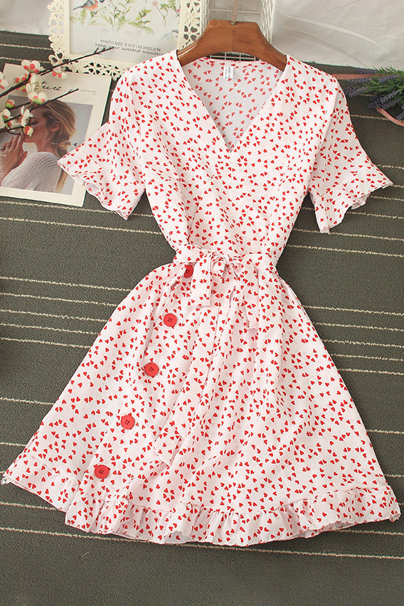 V-Neck Lace Short Sleeve Buttons Strappy Mini Dress