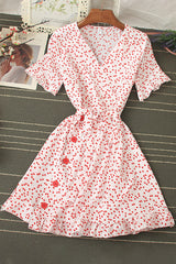 V-Neck Lace Short Sleeve Buttons Strappy Mini Dress
