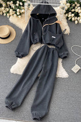 Casual Sport Hooded Zip Coat Strap Cami Crop Vest Tank Top Pants Trousers Sweatpants Set Three-Piece