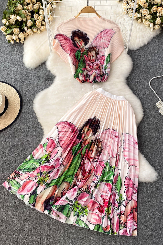 Print Short Sleeve Tops Skirt Set Two-Piece