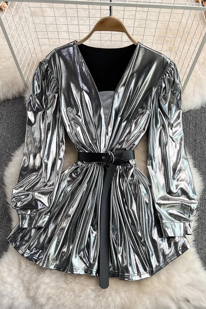 V-Neck Long Sleeve Ruffle Mini Dress